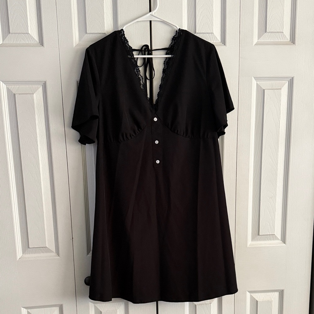 Black Dress with Lace Trim and Button Detail